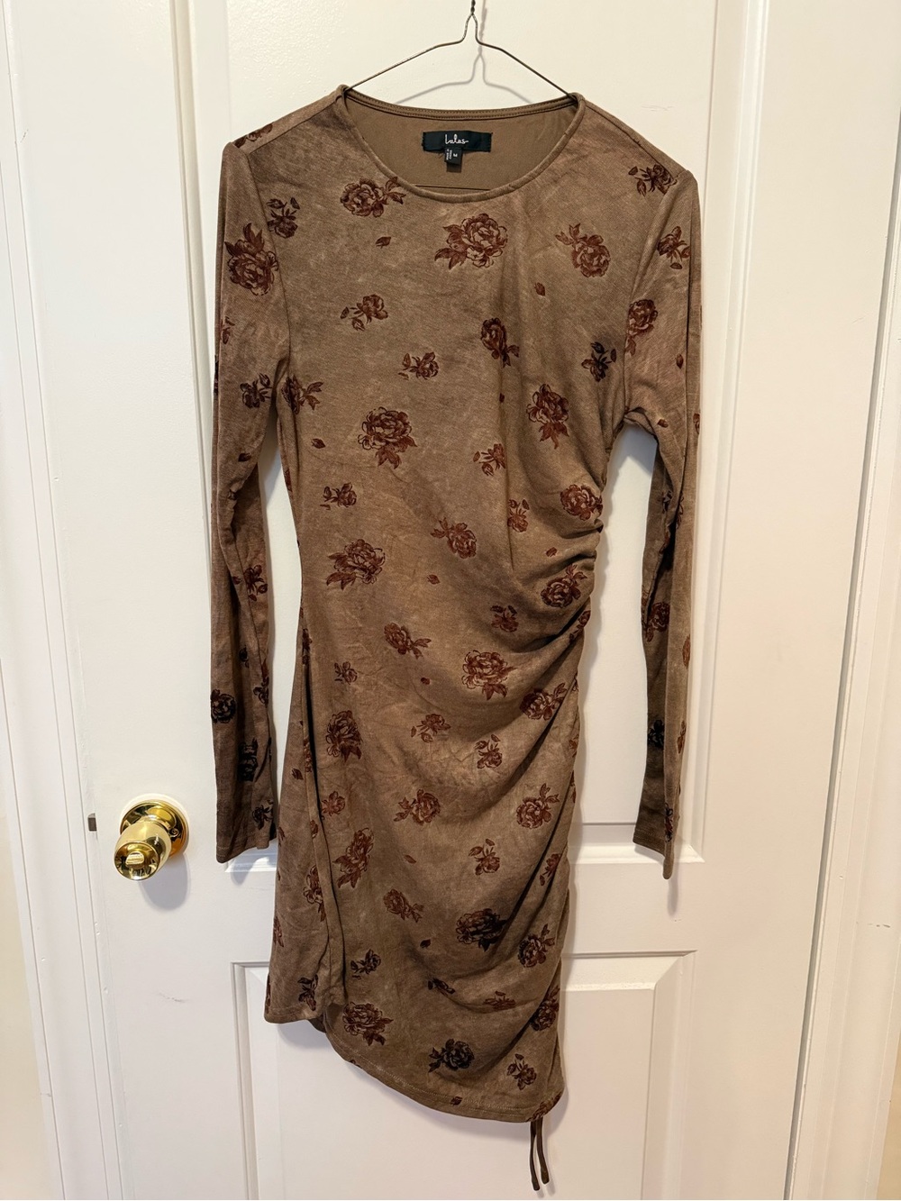 Lulus Light Brown Floral Ruched Long-Sleeve Dress